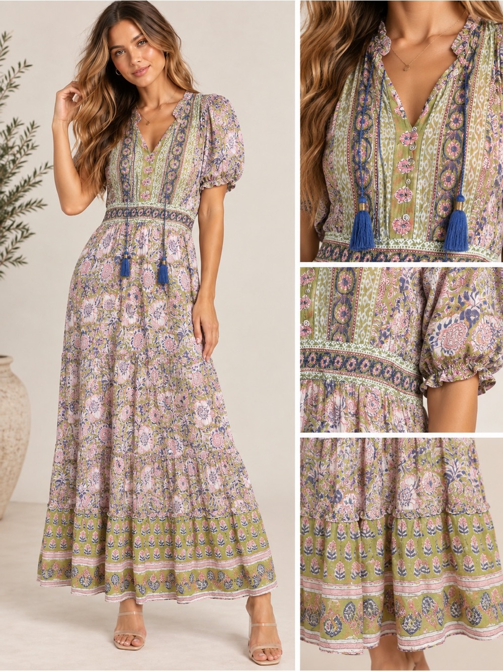 SAL ROSA Floral Block Print Tiered Maxi Dress Medium Silk Cotton Boho Tassel